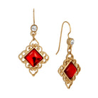 Gold Filigree & Diamond Shaped Ruby Crystal Drop Earrings