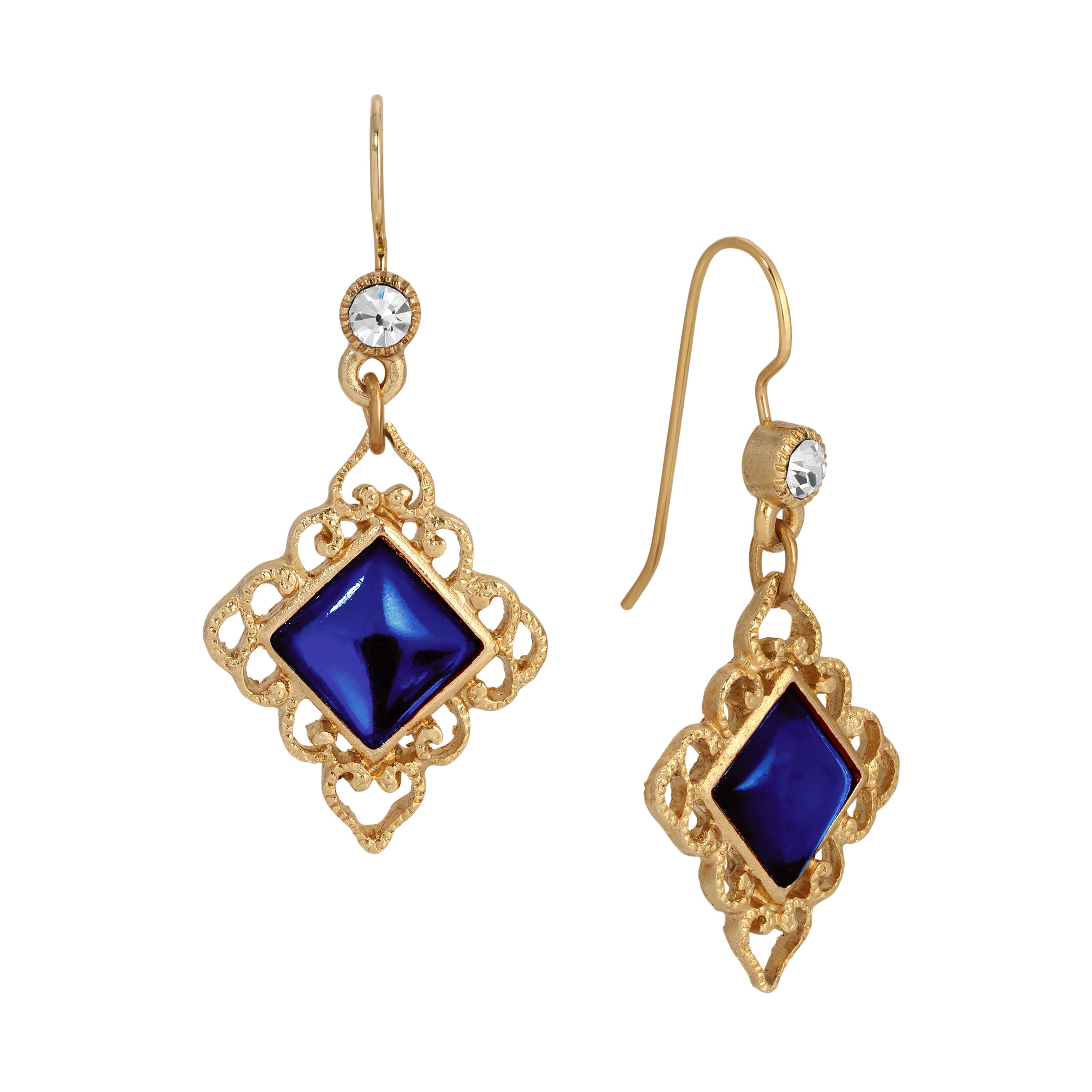 Gold Filigree & Diamond Shaped Blue Crystal Drop Earrings