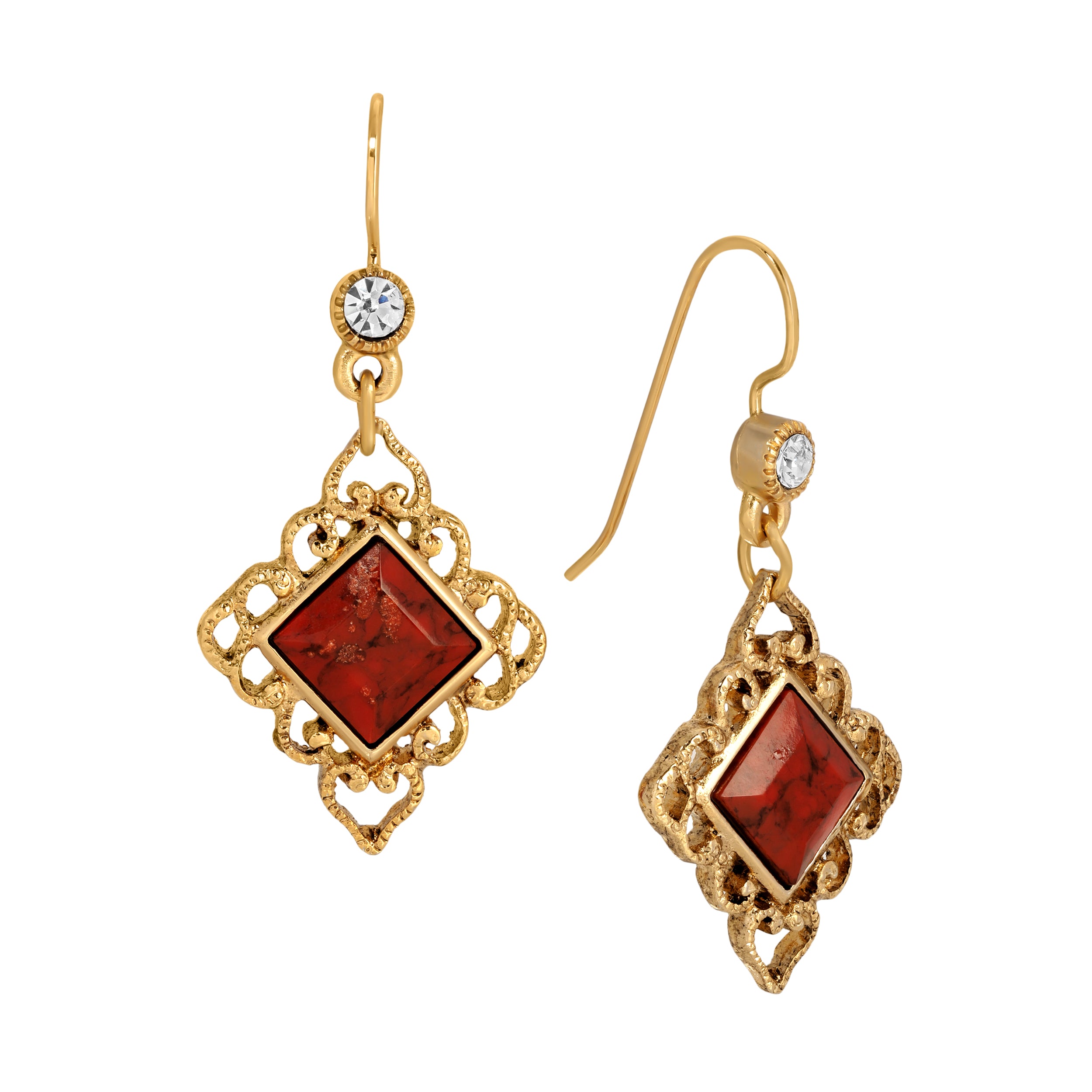 Gold Filigree & Diamond Shaped Brick Red Gemstone Drop Earrings