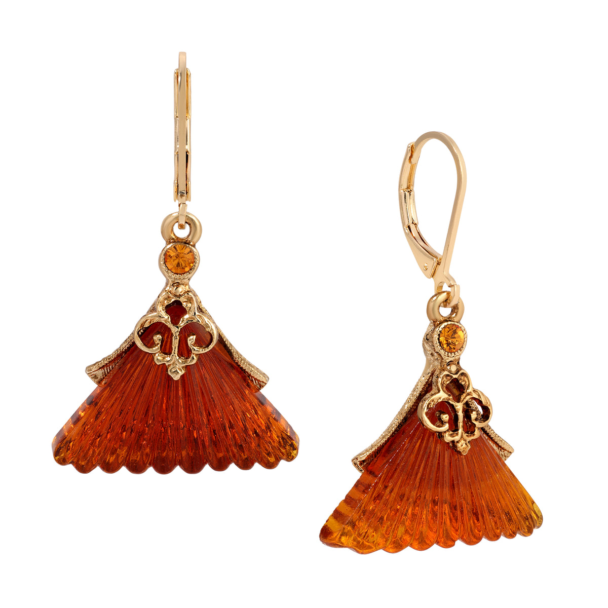 Golden Fluted Triangle Topaz Glass & Crystal Drop Earrings