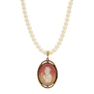 Multi-Color Oval Cameo Pendant & Faux Pearl Strand Necklace 15.5" + 3" Extension