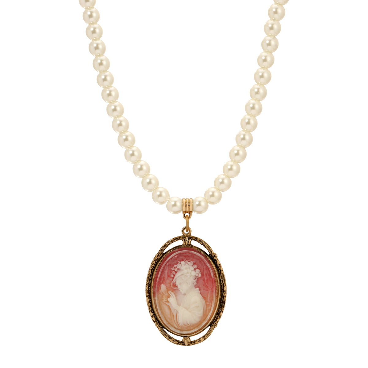 Multi-Color Oval Cameo Pendant & Faux Pearl Strand Necklace 15.5" + 3" Extension