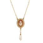 Oval Victorian Lady Silhouette Cameo & Teardrop Pearl Pendant Necklace 15" + 3" Extension