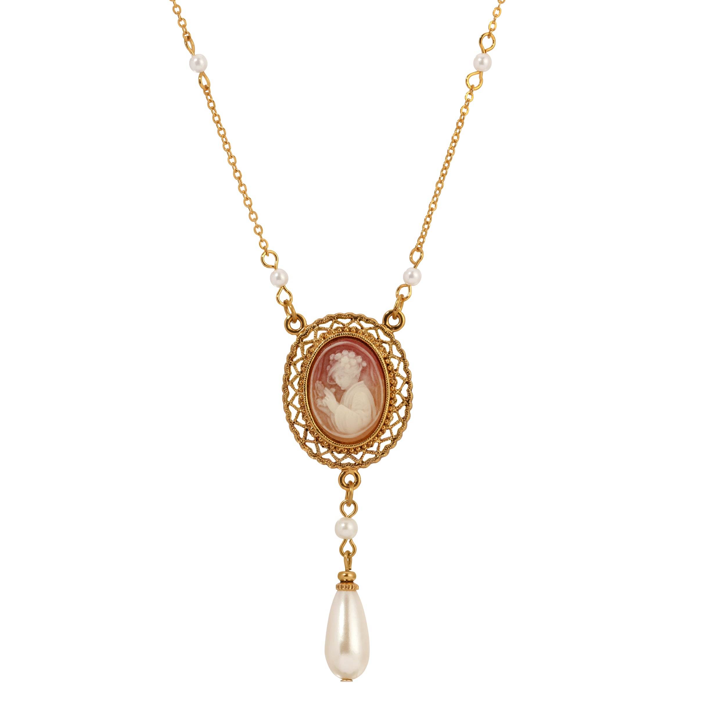 Oval Victorian Lady Silhouette Cameo & Teardrop Pearl Pendant Necklace 15" + 3" Extension