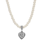 Silver Floral Etched Heart Pendant & Round Faux Pearl Beaded Strand Necklace 15" + 3" Extension