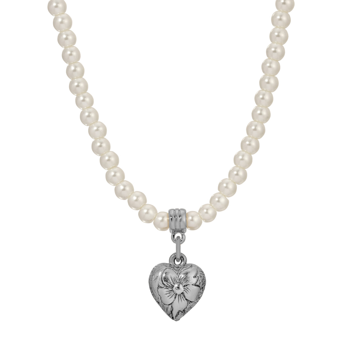 Silver Floral Etched Heart Pendant & Round Faux Pearl Beaded Strand Necklace 15" + 3" Extension
