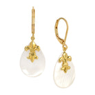 Oval Imitation Mother of Pearl & Gold Fleur De Lis Drop Earrings