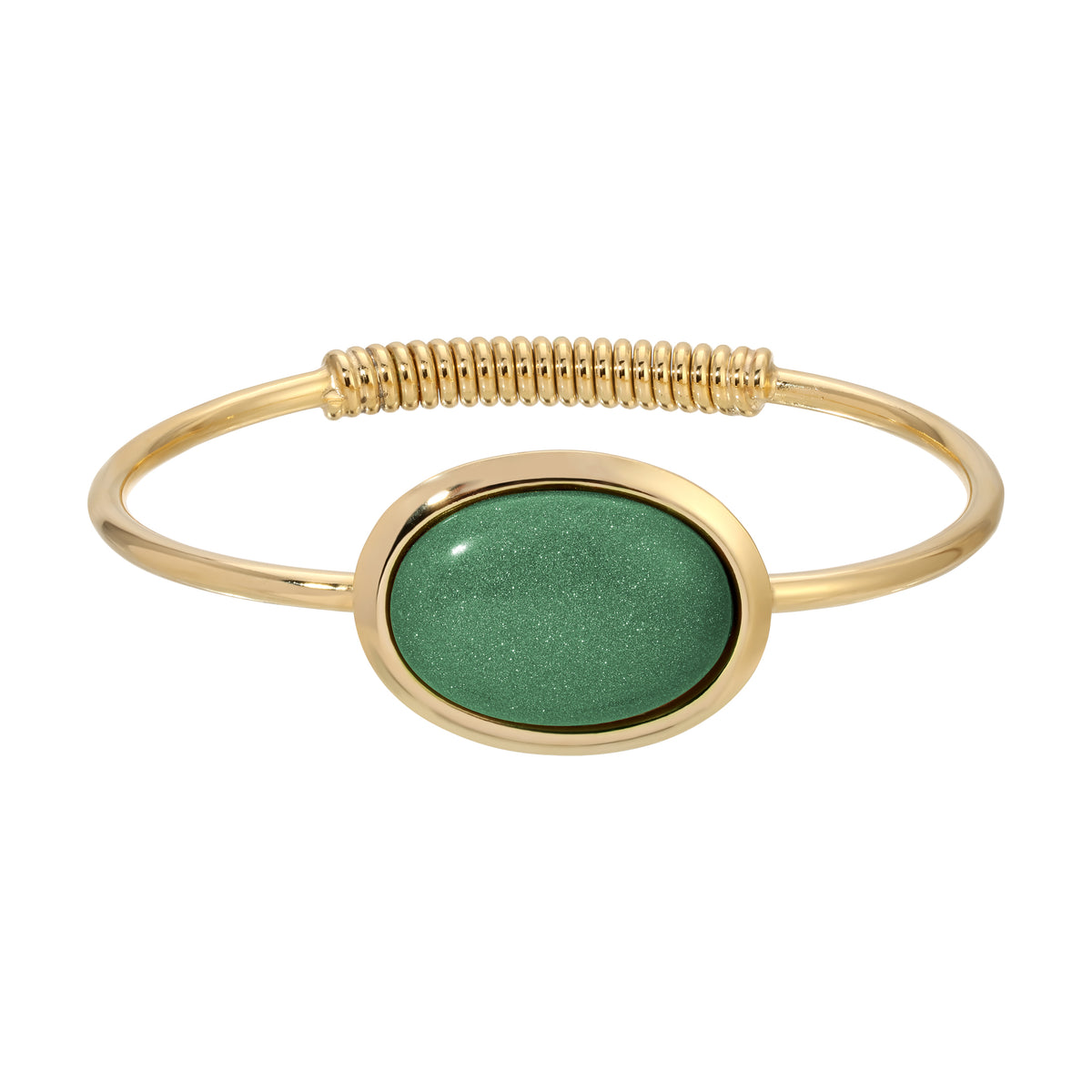 Oval Semi-Precious Green Aventurine Cabochon Gemstone Spring Hinge Bracelet