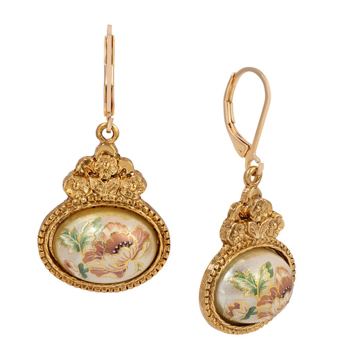 Golden Antique Oval Faux Pearl & Pink Floral Drop Earrings