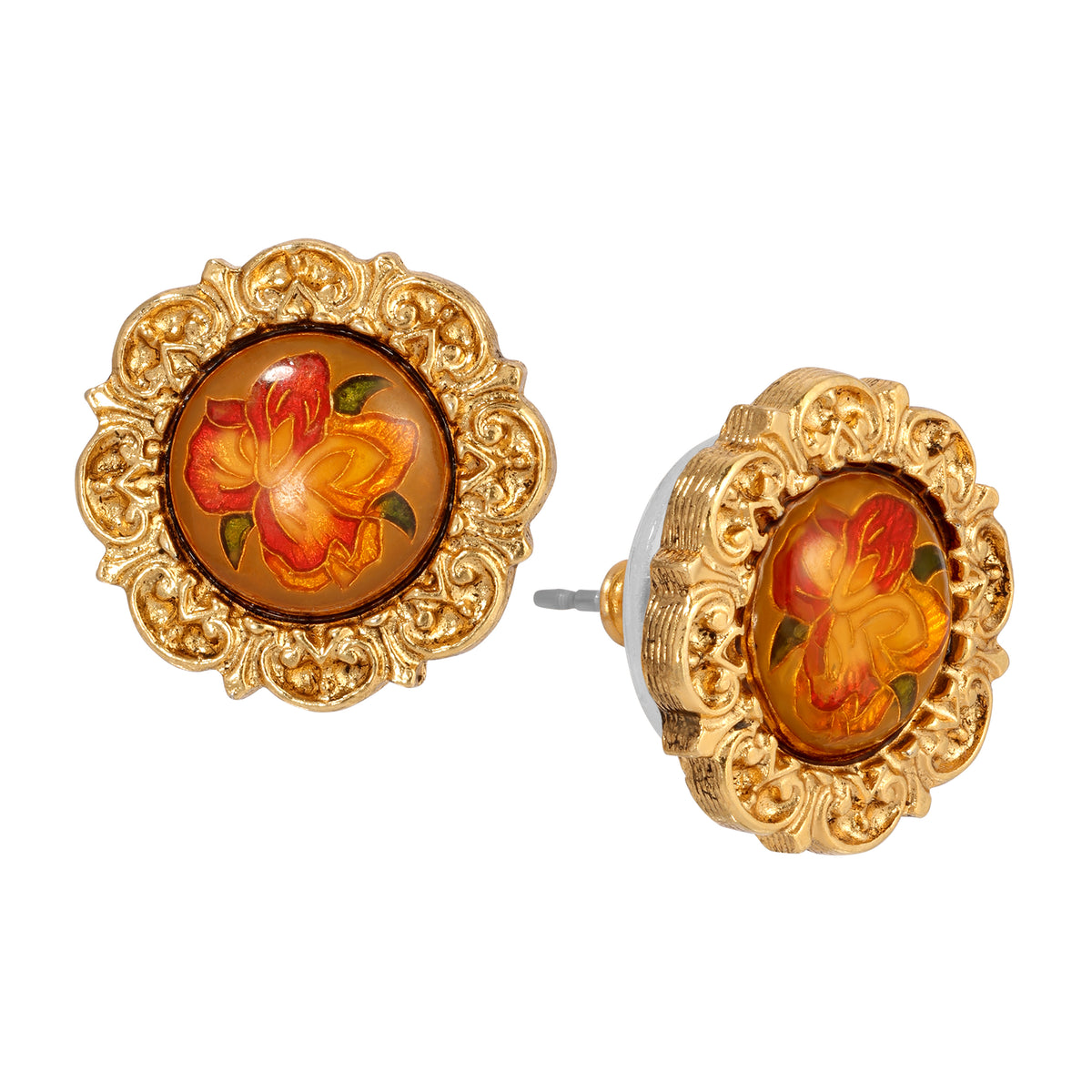 Golden Round Stone & Harvest Flower Decal Stud Earrings