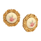 Golden Round Cream Stone & Pink Flower Decal Stud Earrings