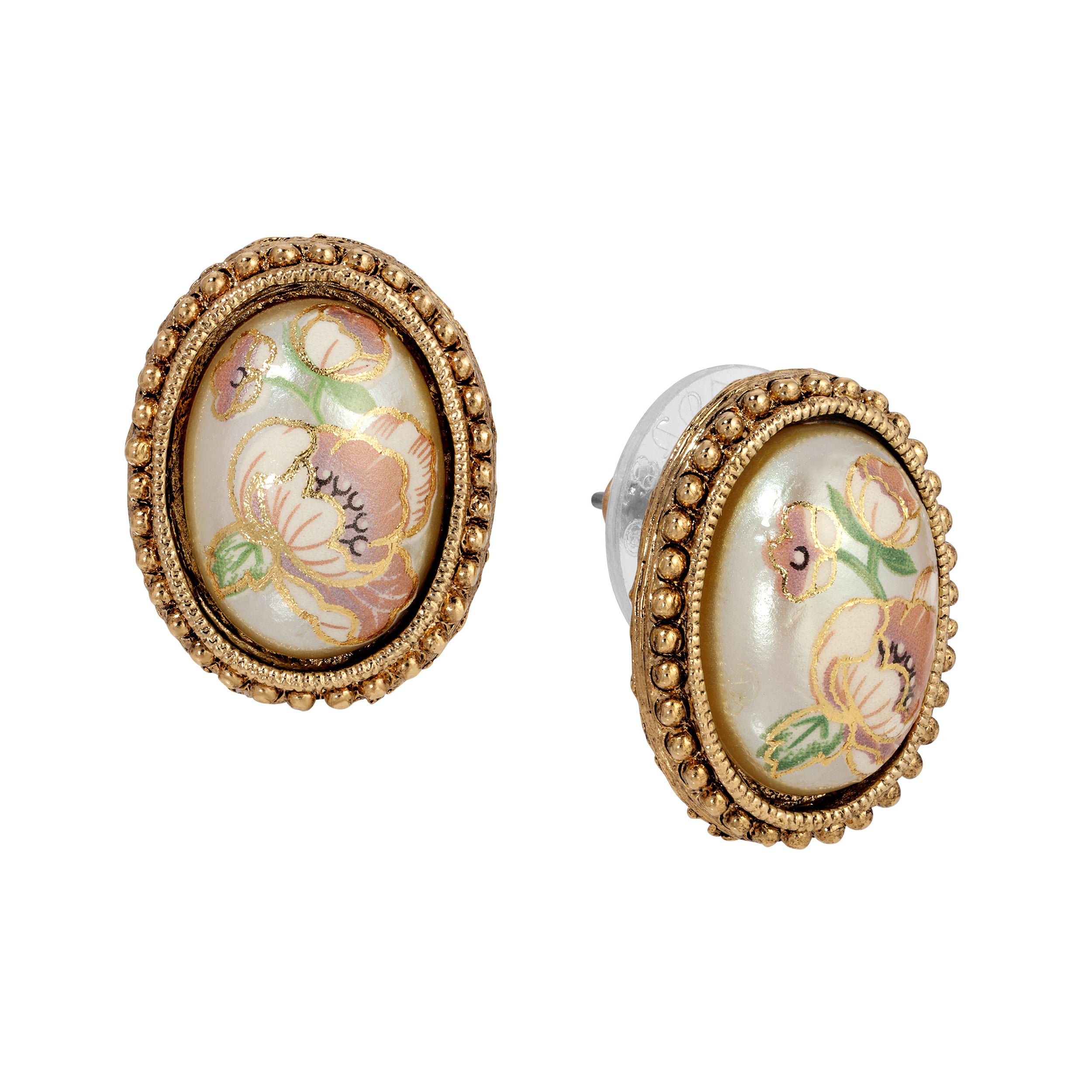 Pink Floral Oval Faux Pearl Stud Earrings