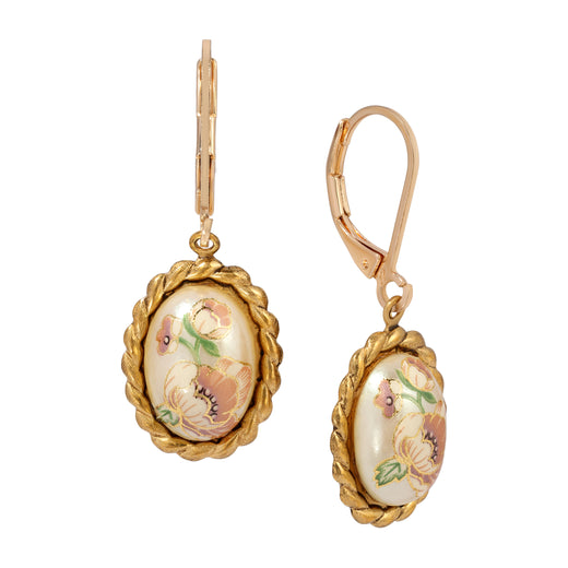 Pink Floral Oval Faux Pearl Decal Drop Earrings