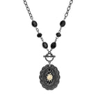 Jet Black & Ivory Flower Cameo Pendant Necklace 18"