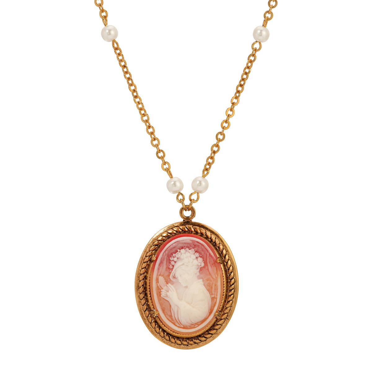 Oval Multi-Colored Cameo & Faux Pearl Chain Pendant Necklace 20"