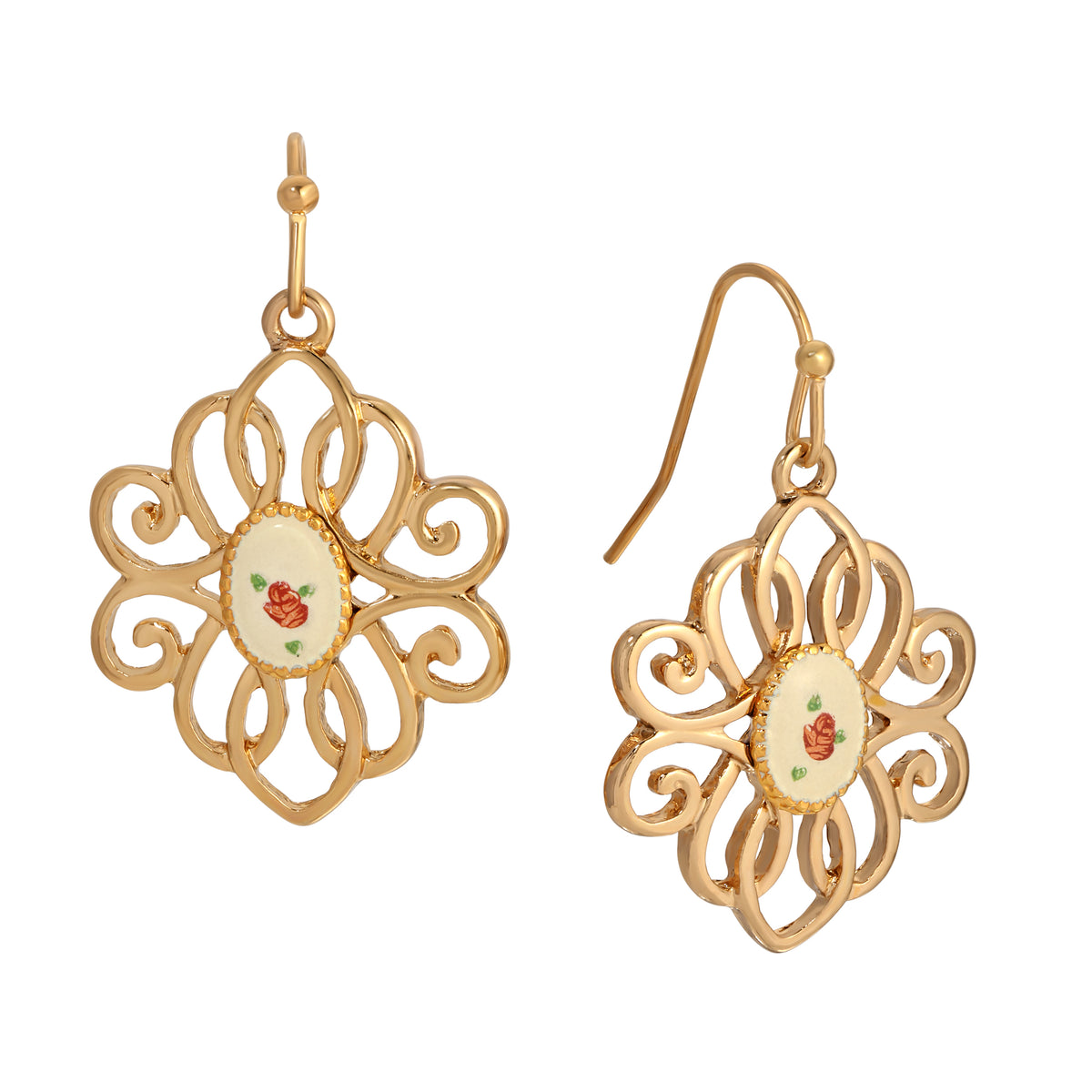Golden Filigree & Oval Flower Decal Drop Earrings