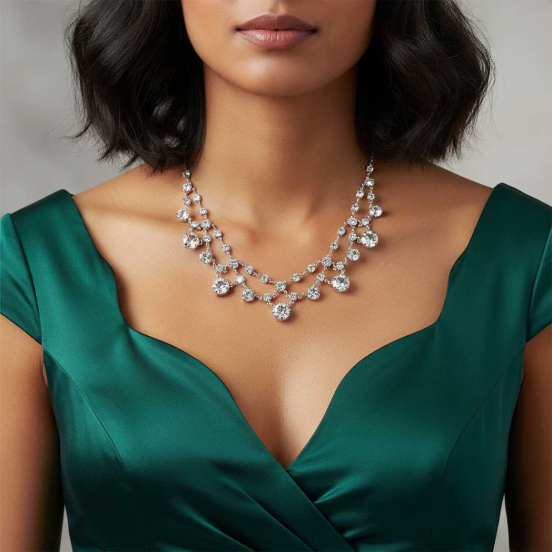 Woman wearing a green dress and a sparkling Austrian crystal necklace against a neutral background.