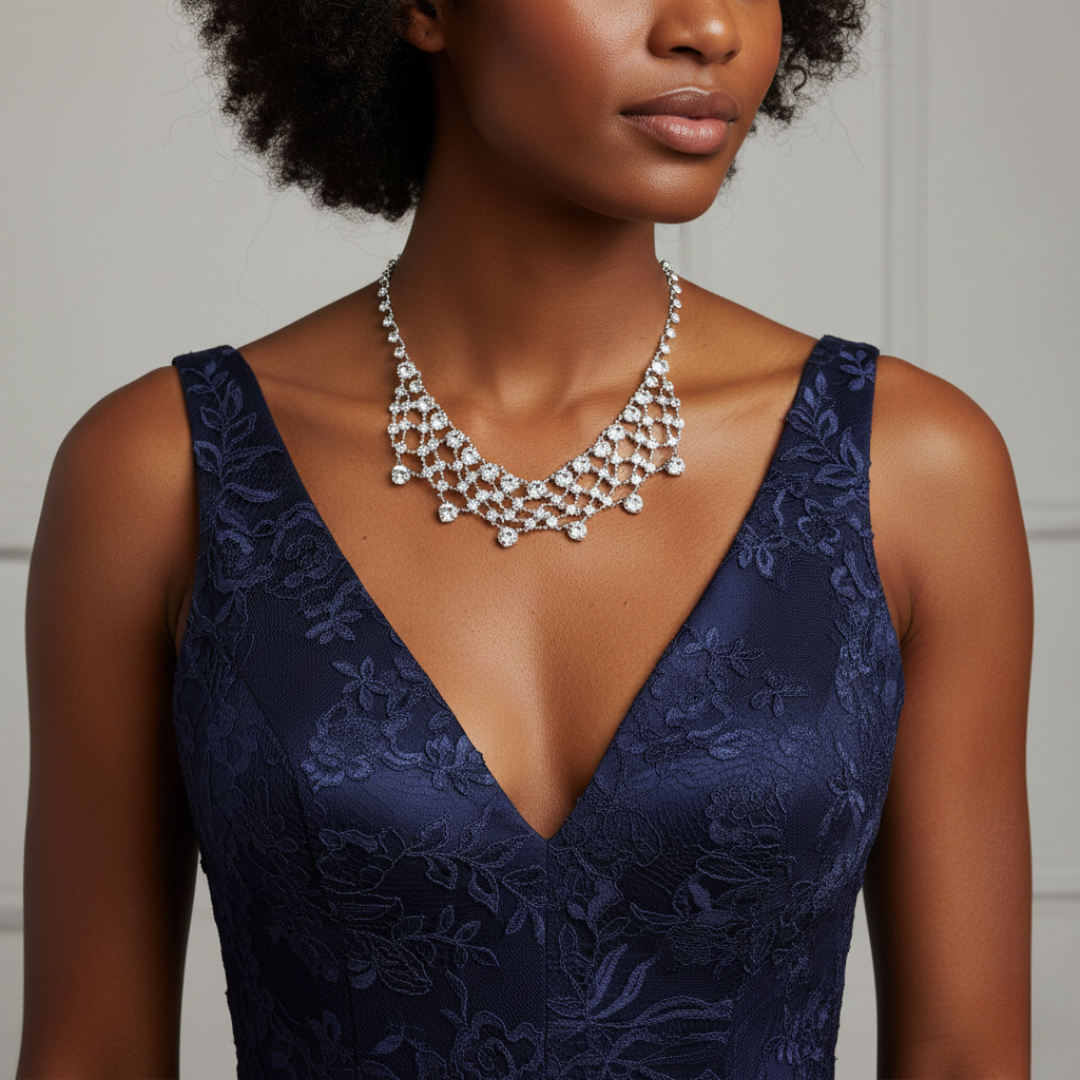 Woman wearing a deep neckline navy dress with a silver necklace that has Austrian Crystals against a neutral background.