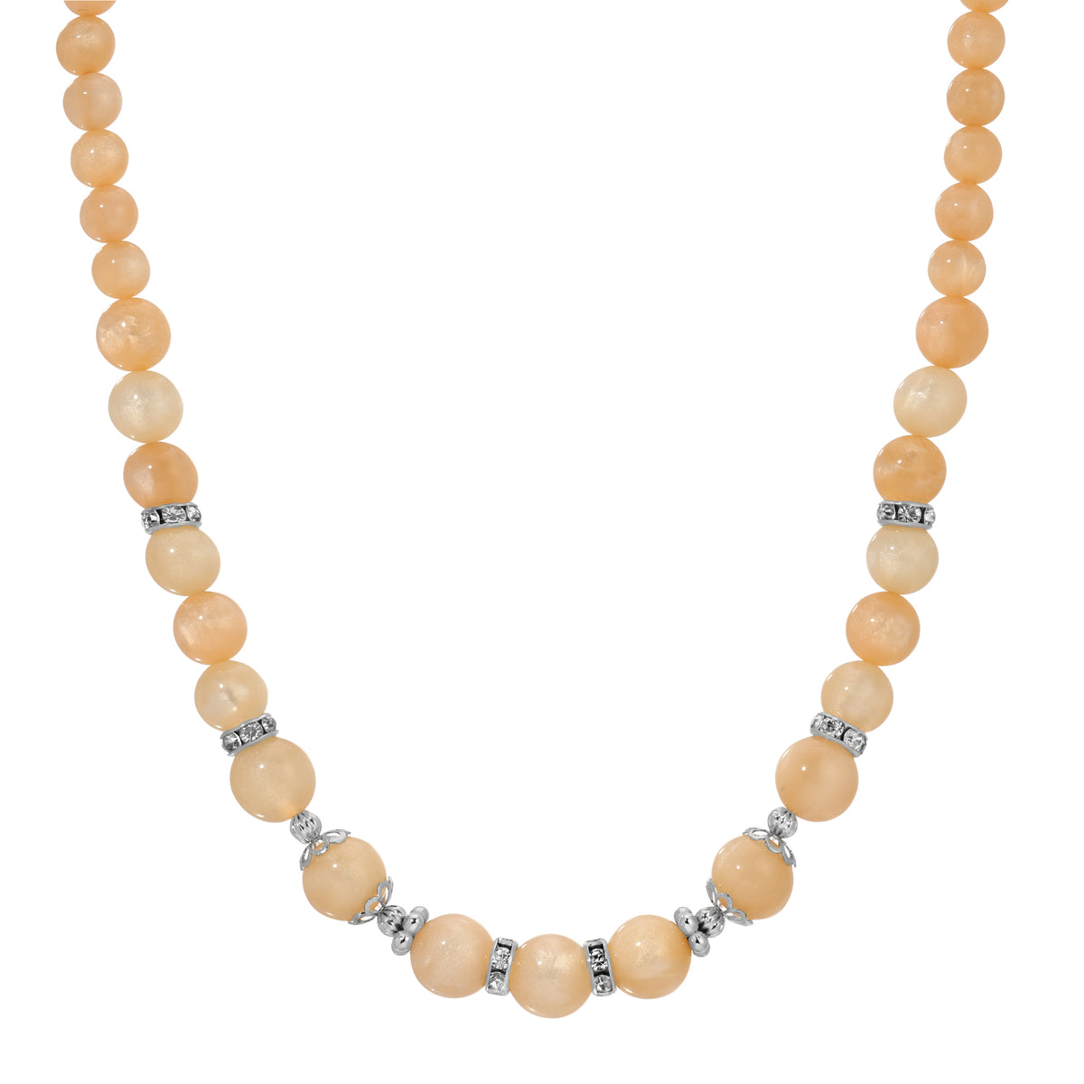 Round Beige Moonstone & Crystal Beaded Necklace 16" + 3" Extension
