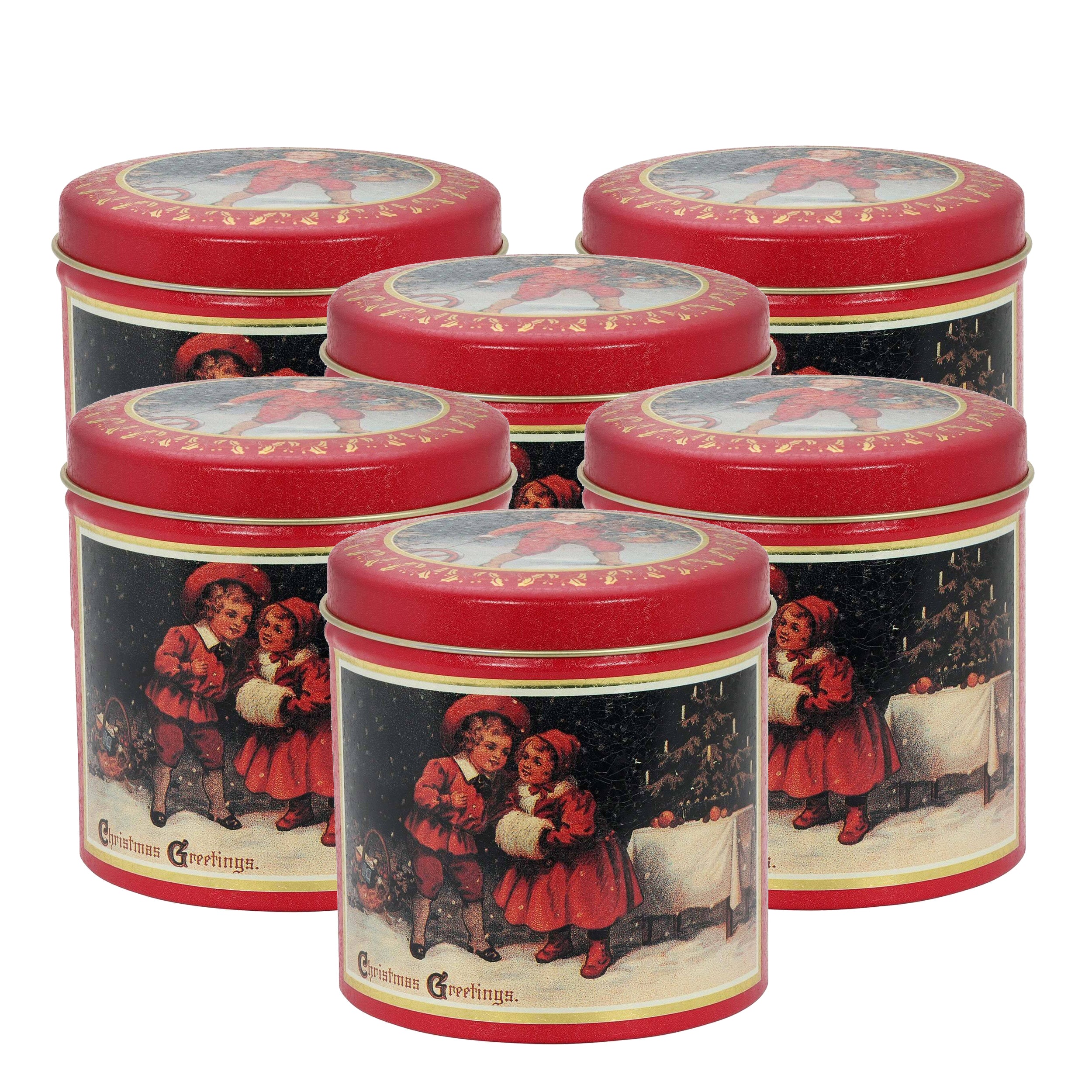 6 Pack Classic Christmas Carolers Distressed Red Round Holiday Tin Box Can