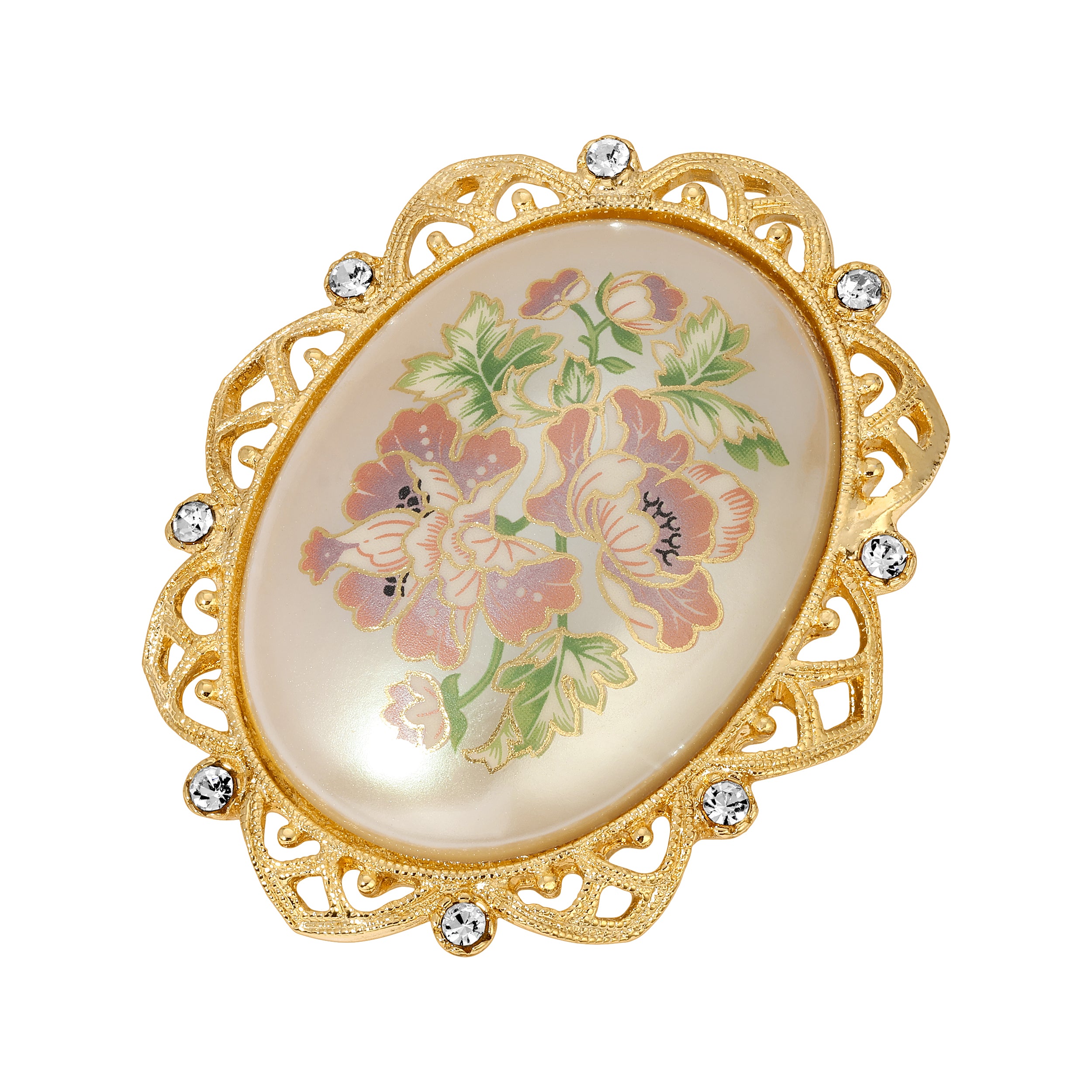 Golden Oval Faux Pearl Stone Floral Decal Pin