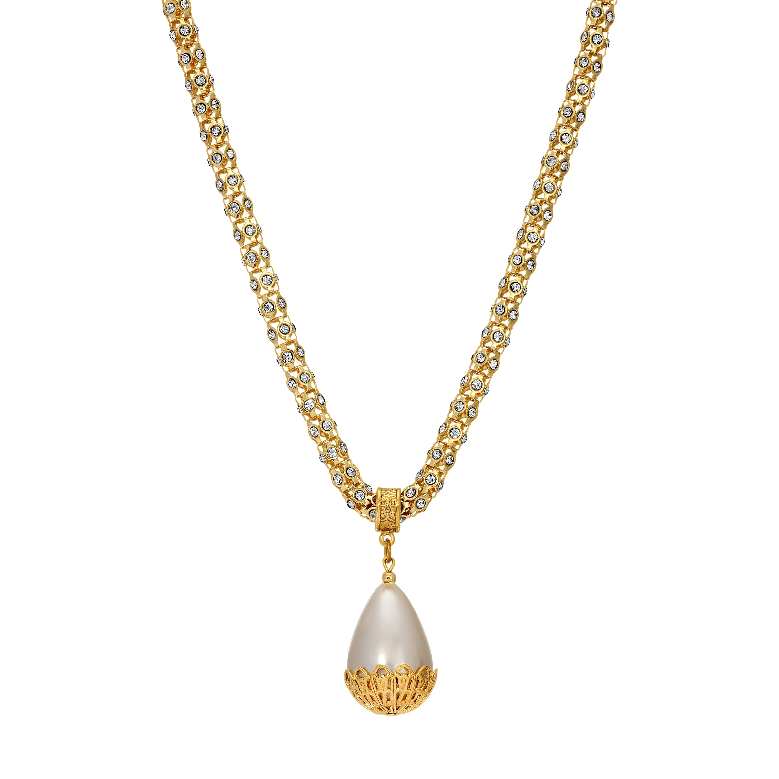 Gold Tone Teardrop Faux Pearl & Crystal Vine Chain Pendant Necklace 15" + 3" Extension
