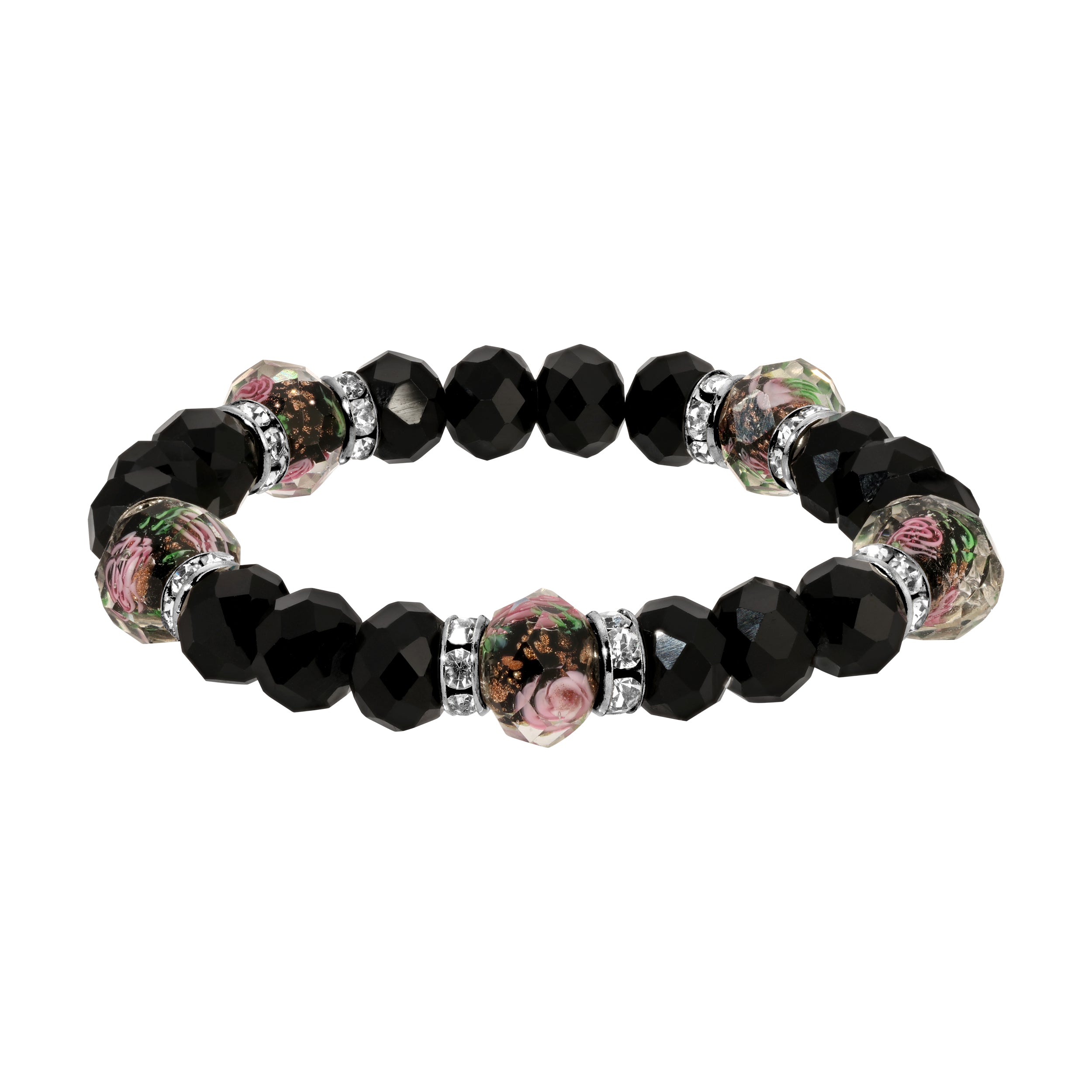 Black Fire Polished Flower Bead & Crystal Stretch Bracelet