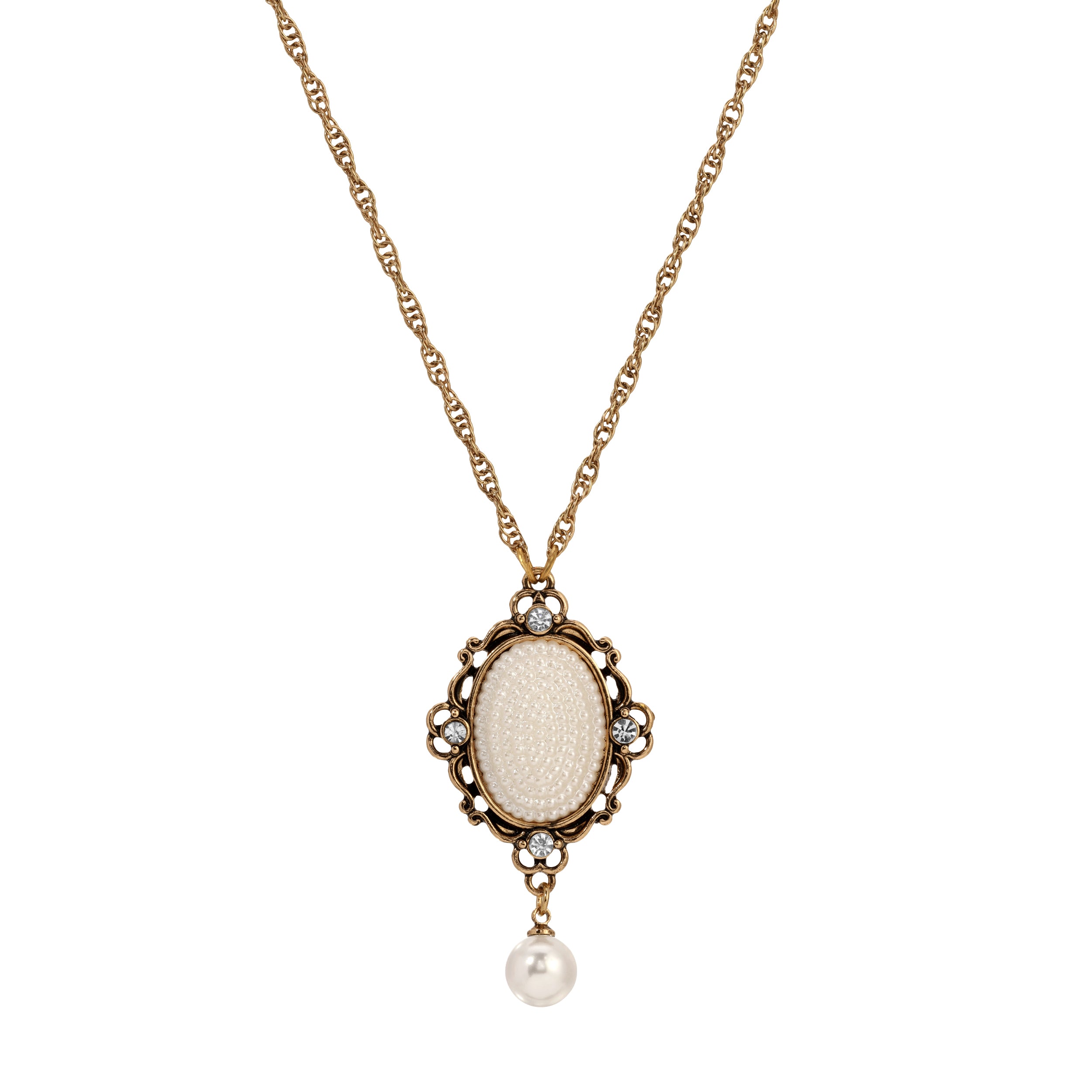 Oval White Faux Pearl Cluster & Drop Bead Pendant Necklace 28"