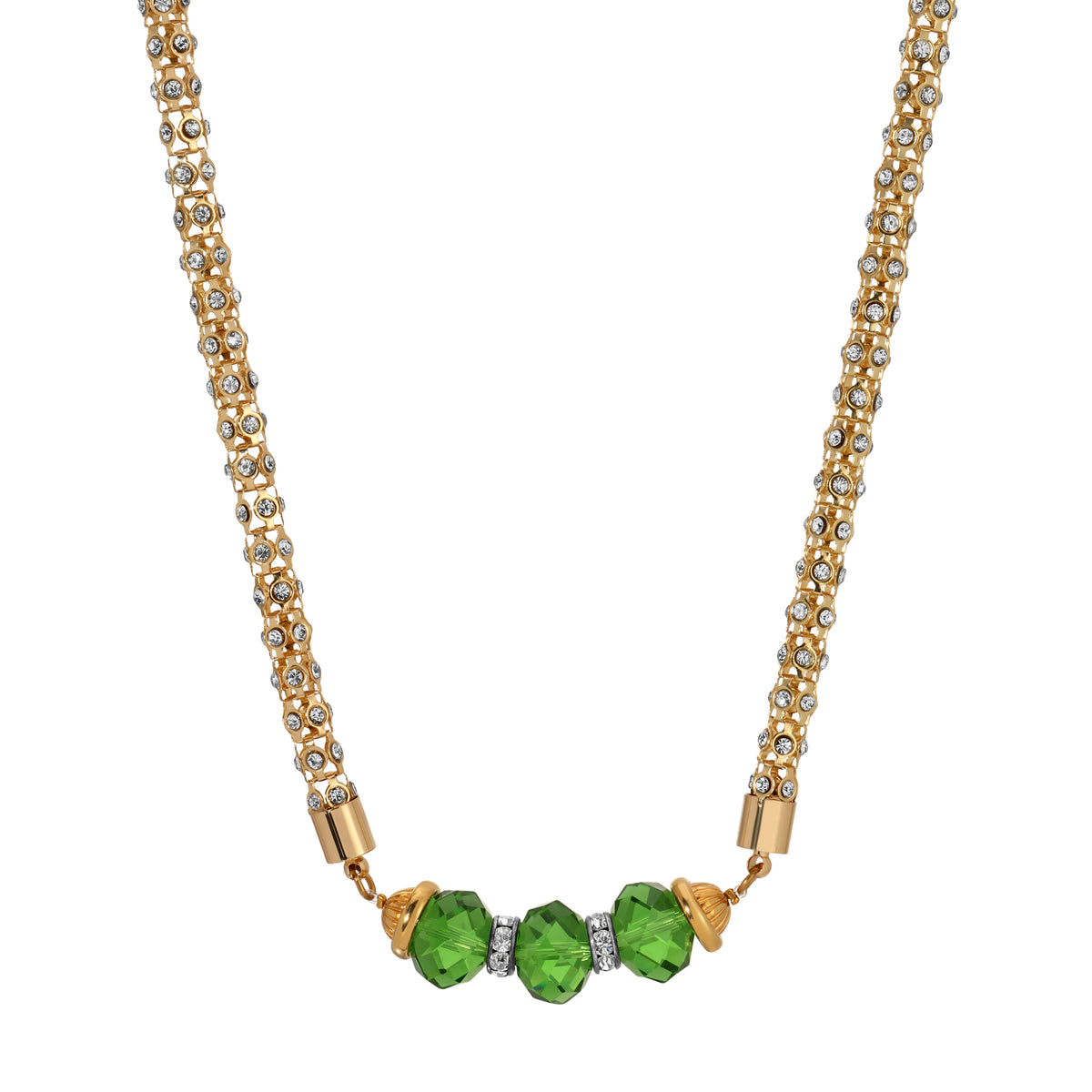 Gold Tone and Emerald Green Faceted Beads & Crystal Stone Vine Chain Necklace 17"