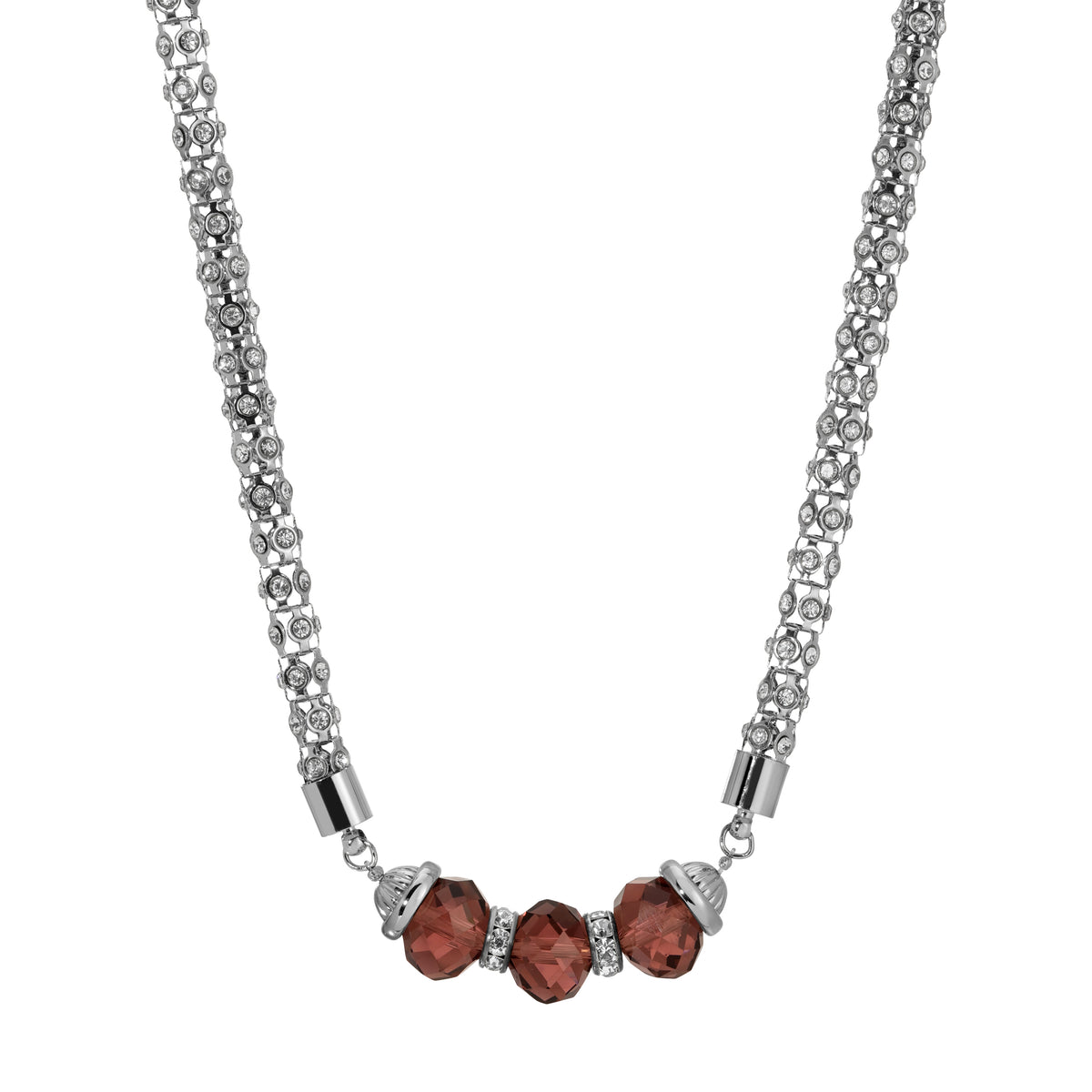 Silver Tone and Amethyst Purple Faceted Beads & Crystal Stone Vine Chain Necklace 17"