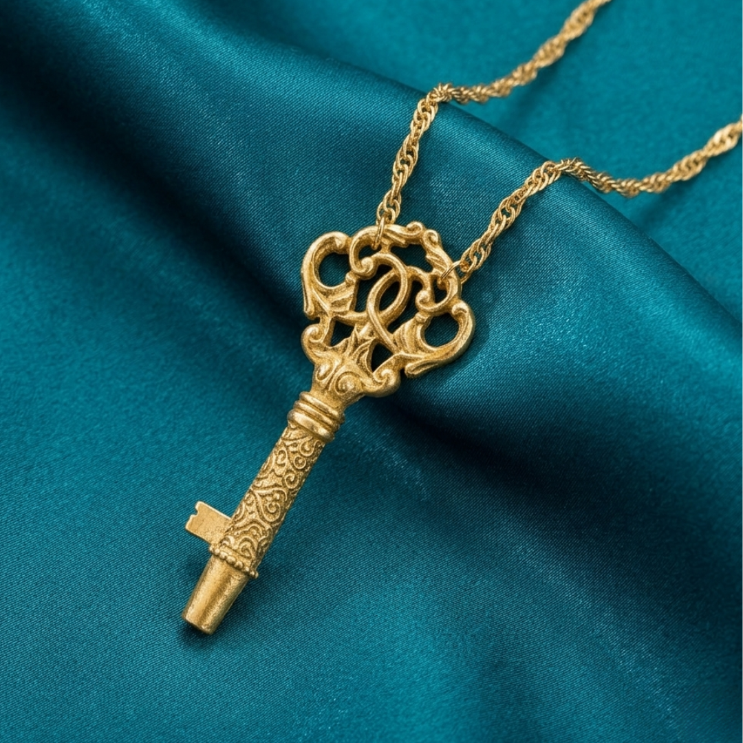 Decorative gold key whistle pendant on a chain against a teal fabric background