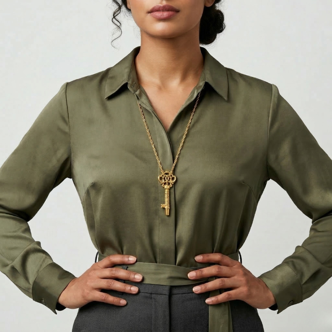 Woman wearing an olive green shirt with a key whistle necklace on a light gray background