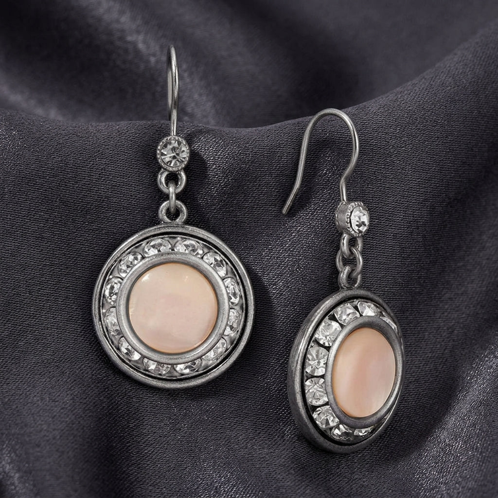 Mother of Pearl Round Earrings on dark gray fabric background