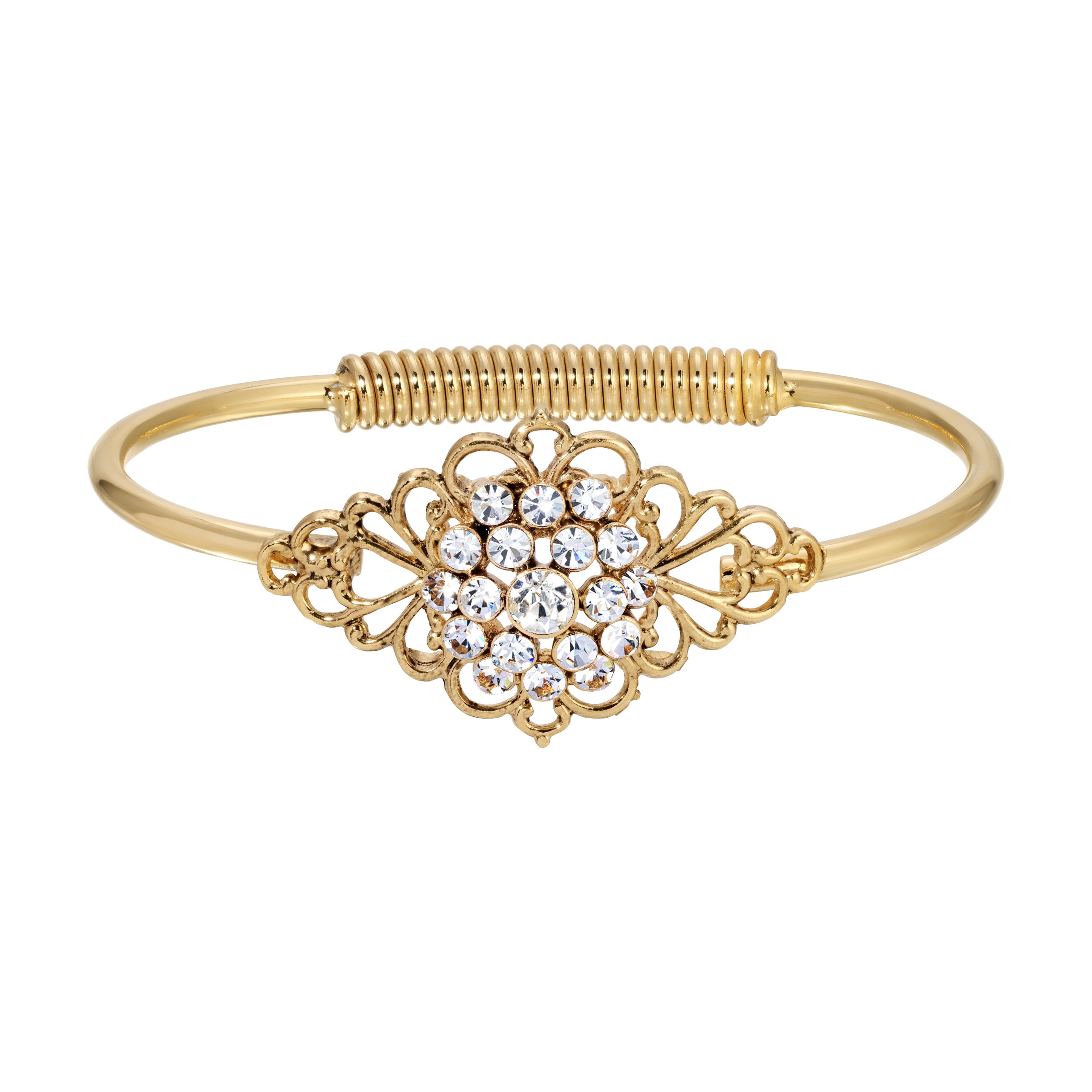 Gold Diamond Shaped Filigree & European Clear Crystal Hinge Bracelet
