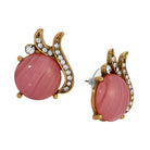 Round Pink Rose Quartz Cabochon Stone & Crystal Post Stud Earrings