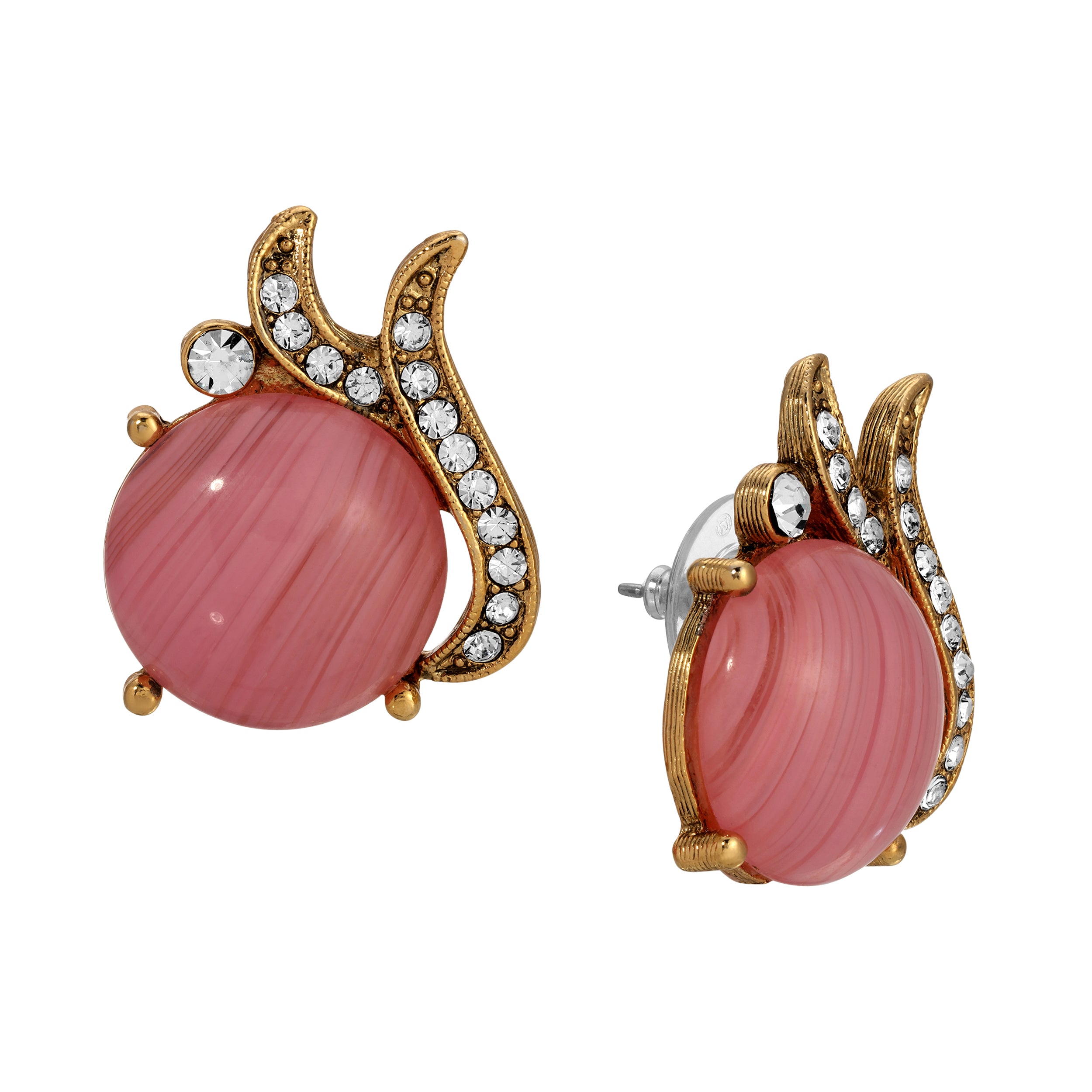 Round Pink Rose Quartz Cabochon Stone & Crystal Post Stud Earrings