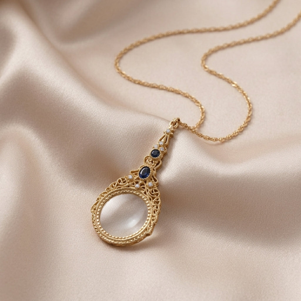 Gold necklace with a magnifying glass pendant accented with Montana Blue on a beige fabric background