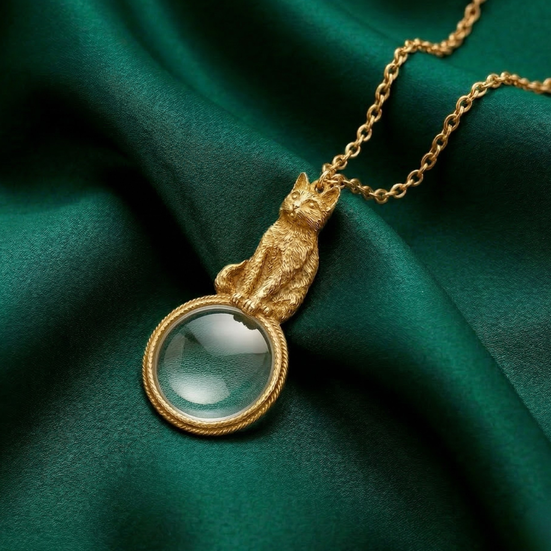 Gold necklace with a cat pendant and magnifying glass on a green fabric background