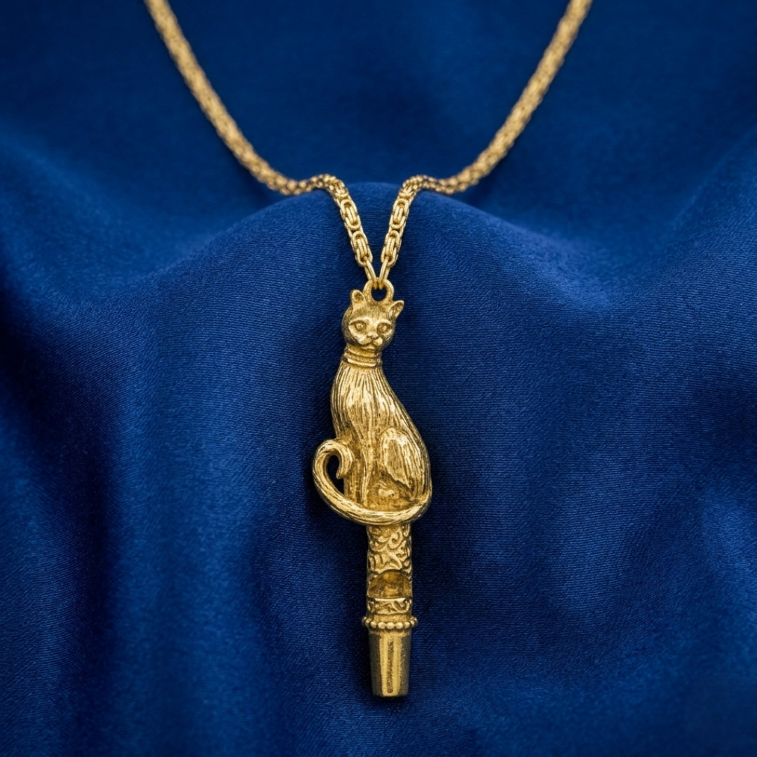 Gold cat-shaped whistle pendant on a chain against a blue fabric background
