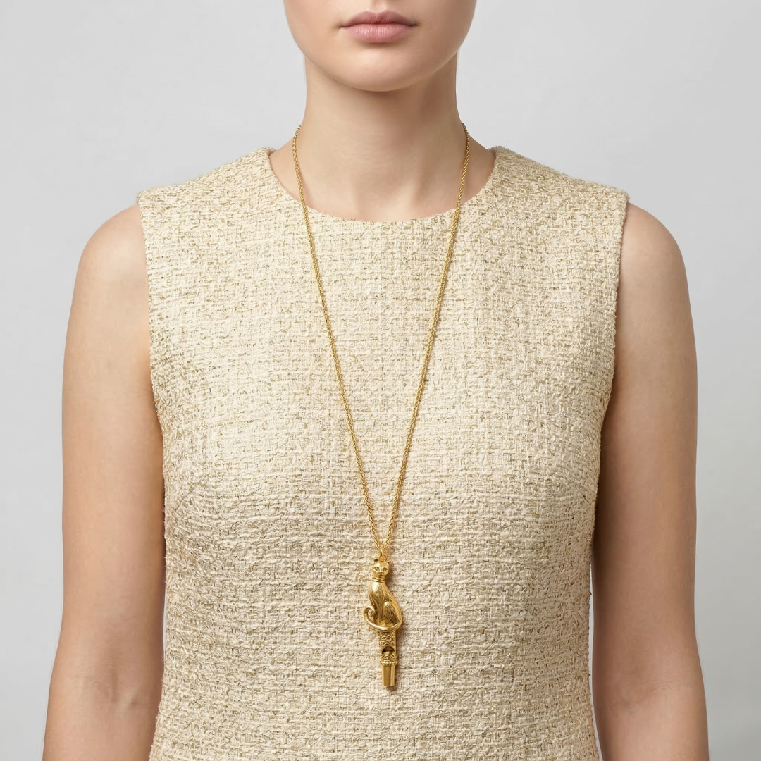Person wearing a gold necklace with a cat whistle pendant on a plain background