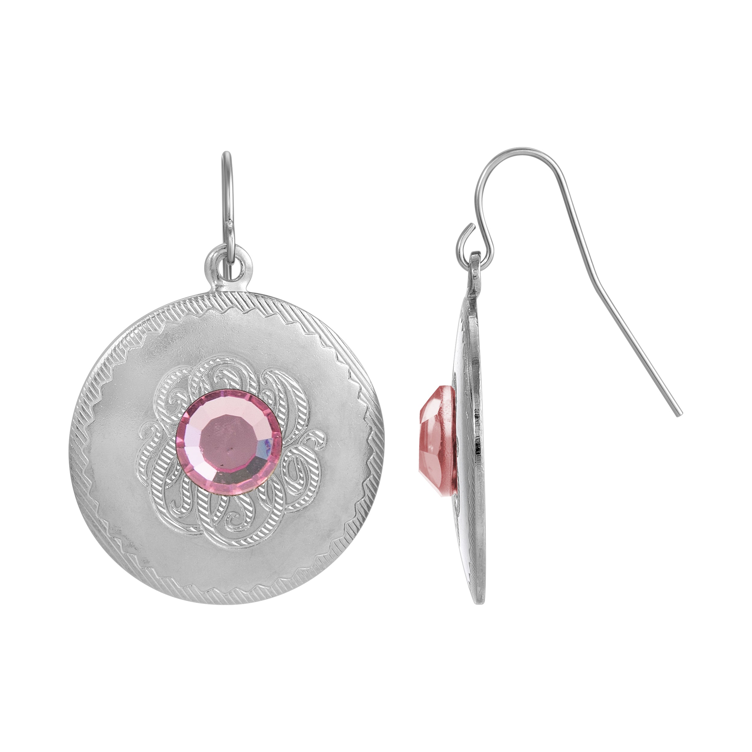 Round Silver & Rose Pink Glass Crystal Drop Earrings