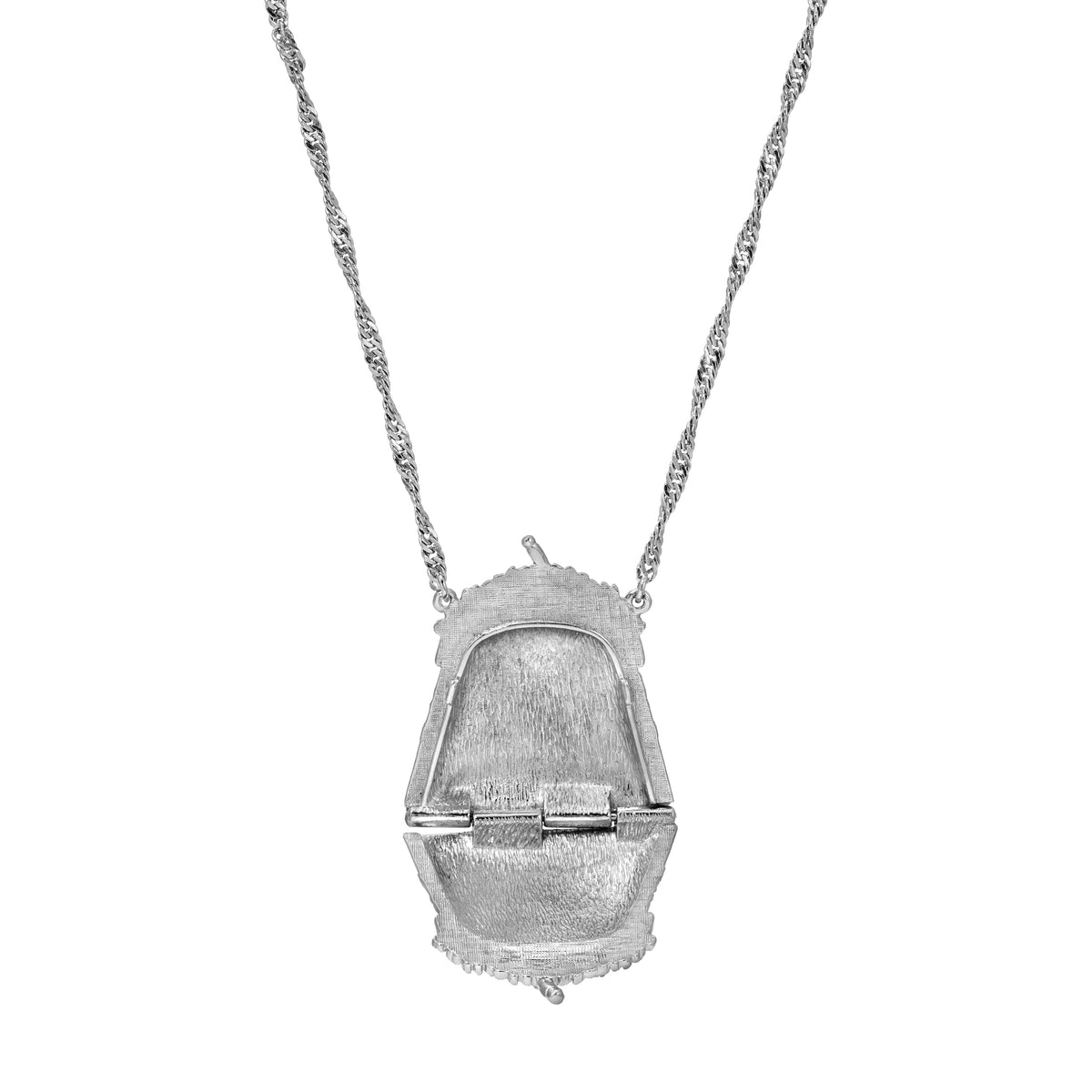 Opened Art Deco Glamour Purse Locket Necklace 28" in Silver Tone