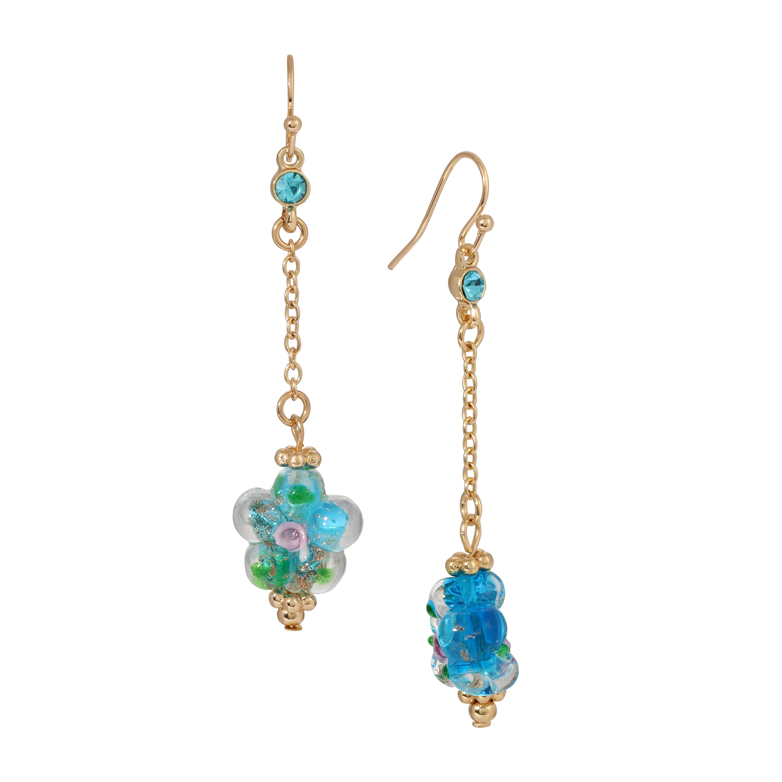 Blue Blooming Flower Bead & Crystal Dangle Earrings