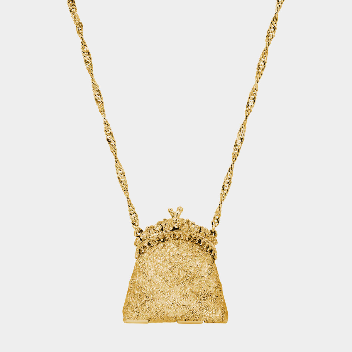 Art Deco Glamour Purse Locket Necklace 28" in Gold Tone