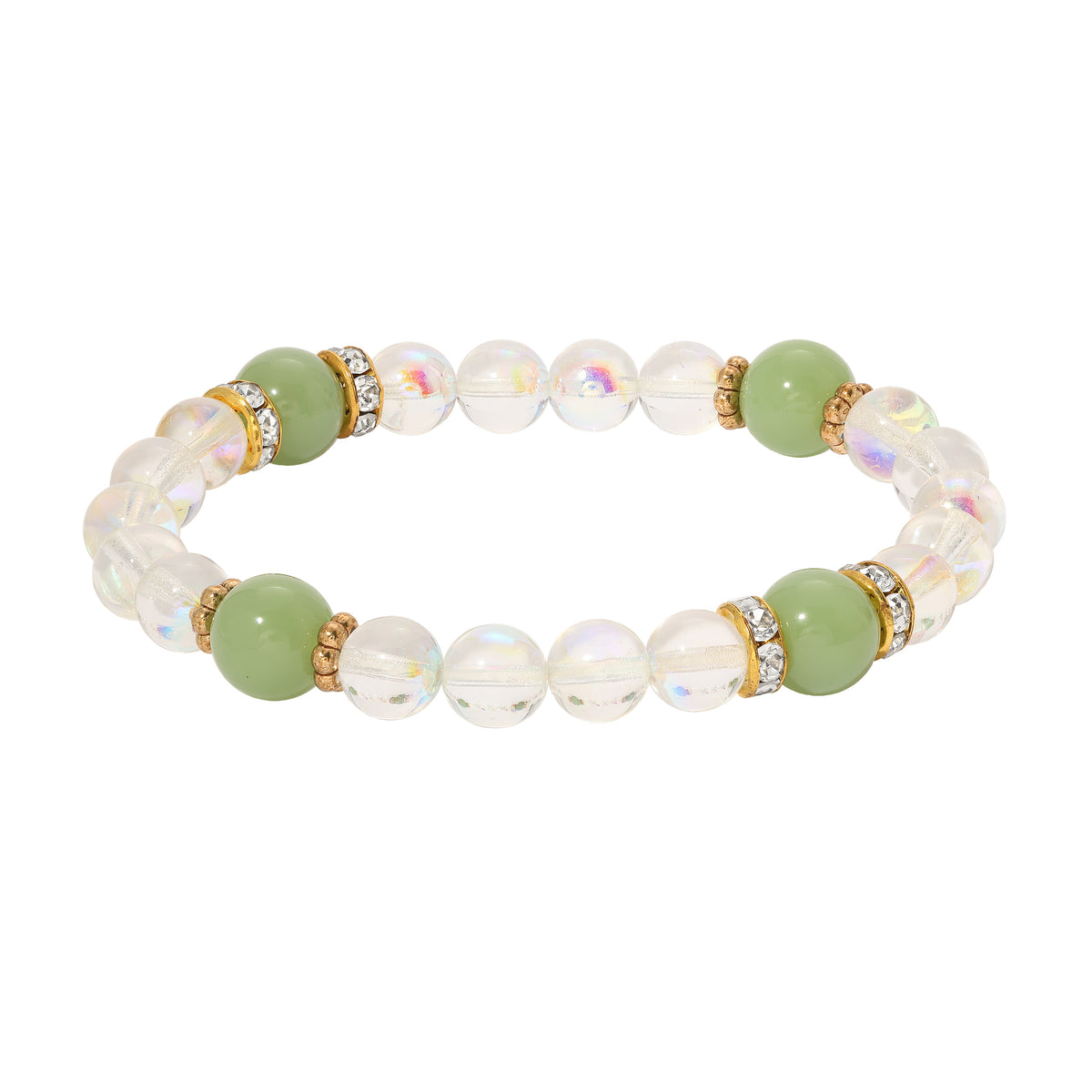 Smooth AB Glass Crystal & Round Jade Green Beaded Stretch Bracelet
