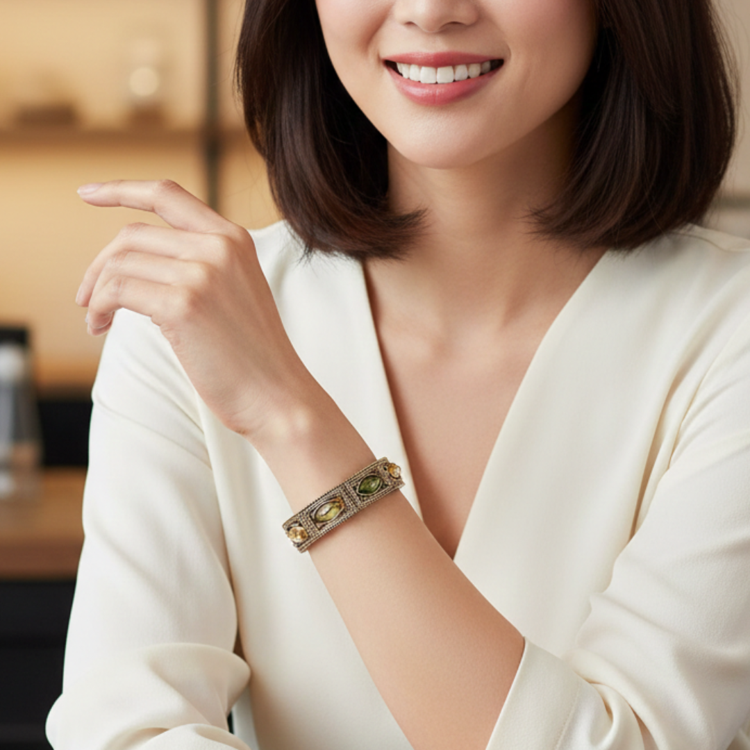 Woman wearing a bracelet with a blurred background of a home office.