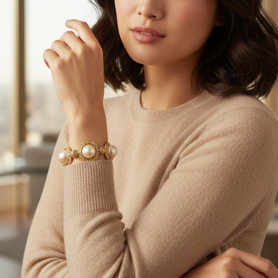 Woman wearing a pearl bracelet on a blurred indoor background