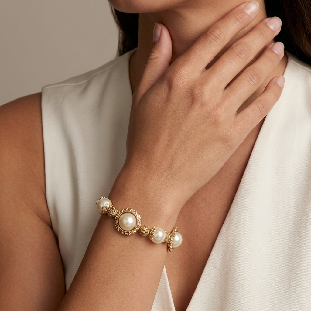 A close-up of a woman wearing a gold and pearl bracelet on her wrist, with her hand resting near her neck. She is wearing a cream-colored sleeveless top against a soft beige background.