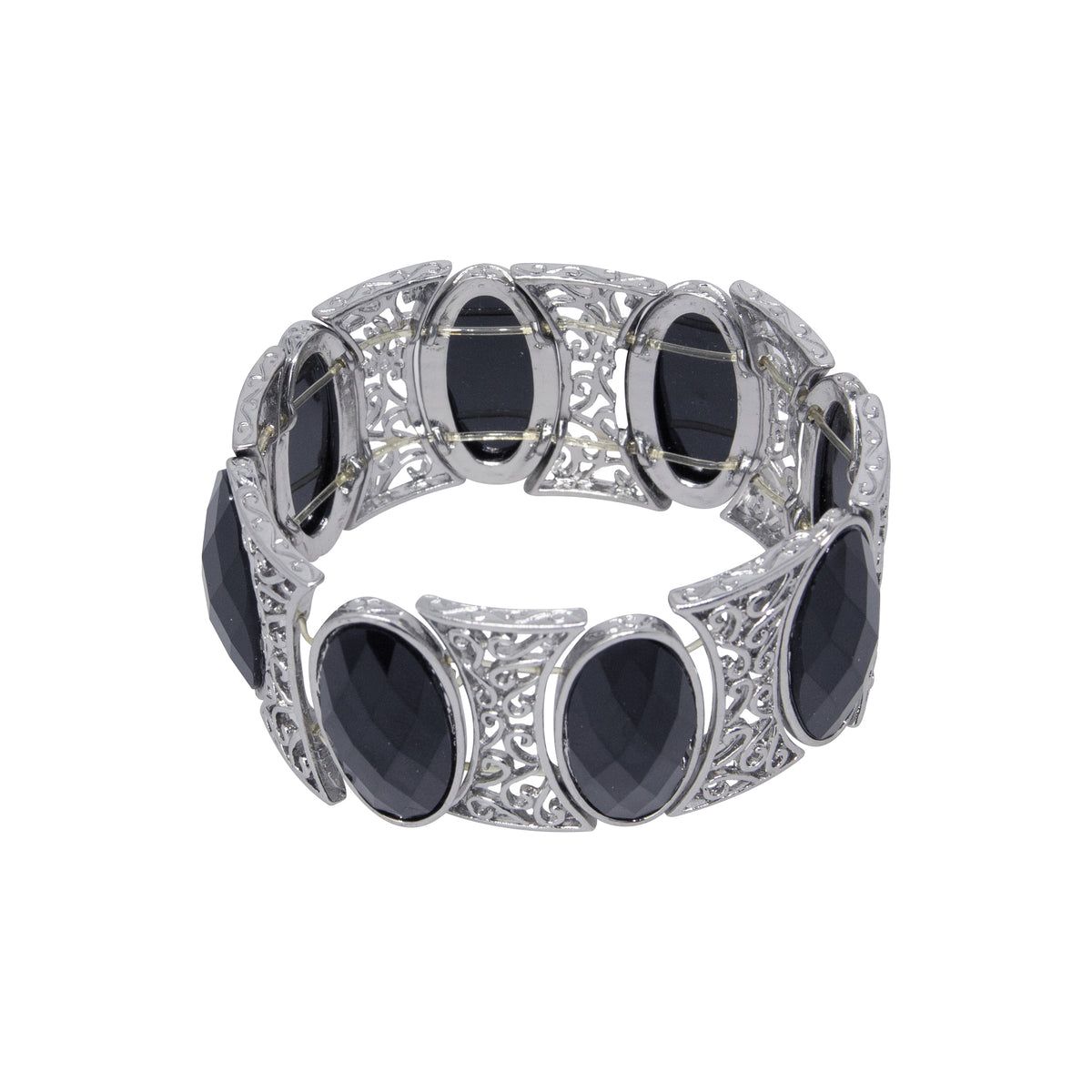 Oval Jet Black Stone & Silver Stretch Bracelet