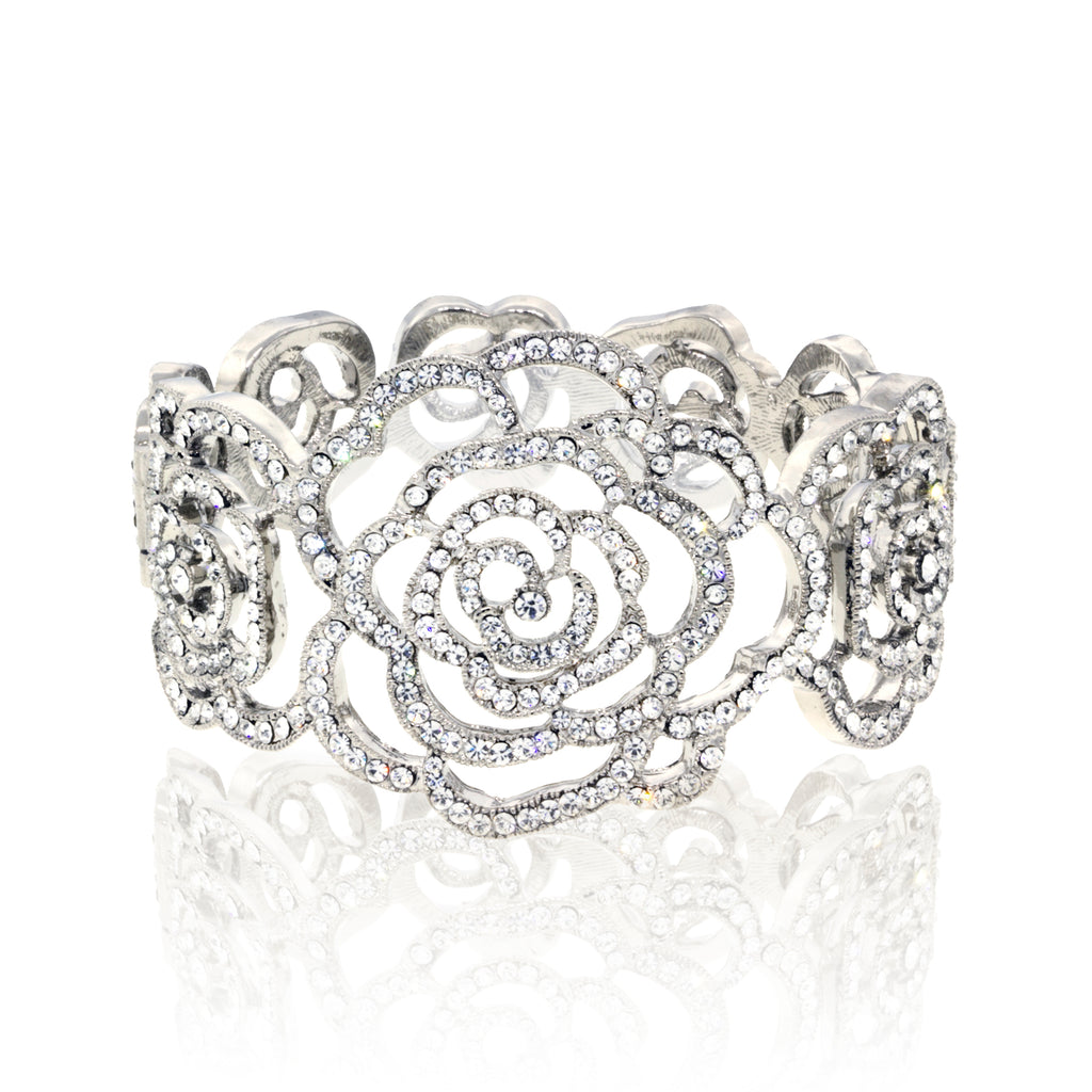 8 Embellished Rose European Crystal Magnetic Hinged Cuff Bracelet